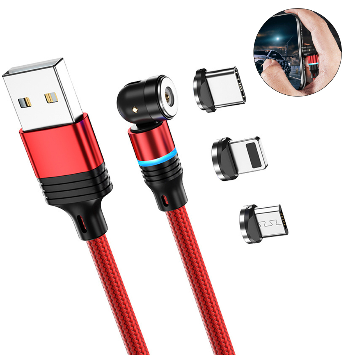 Rotes und schwarzes magnetisches Ladekabel mit mehreren magnetischen Spitzen. Weißer Hintergrund.