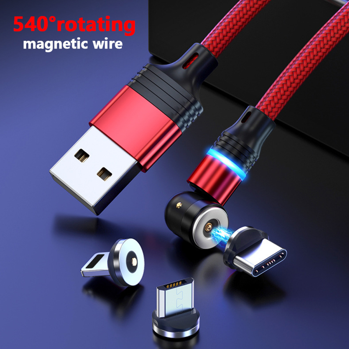 Rotes und schwarzes magnetisches Ladekabel mit USB- und Typ-C-Anschlüssen. Blaues Licht am Ladeende. Mehrere Anschlüsse.