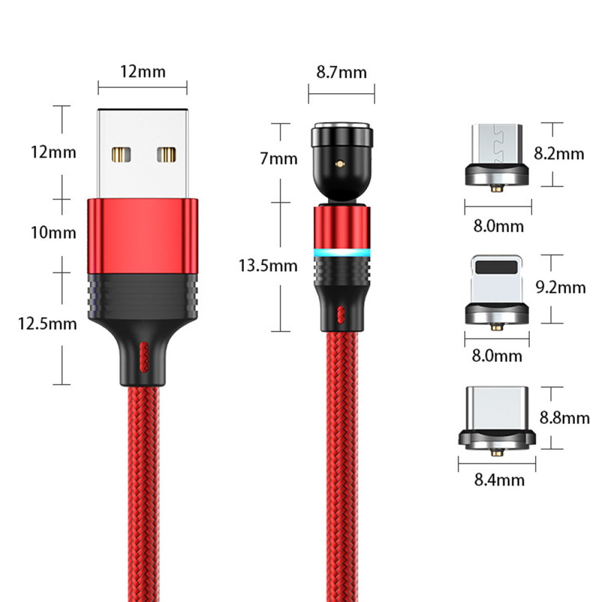 Ein rotes Ladekabel mit mehreren magnetischen Adaptern und Maßen auf weißem Hintergrund.