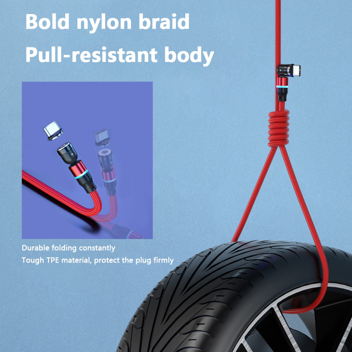 Rotes Nylongeflechtkabel mit rotem und schwarzem Stecker, verbunden mit einem Reifen. Text: Bold nylon braid.