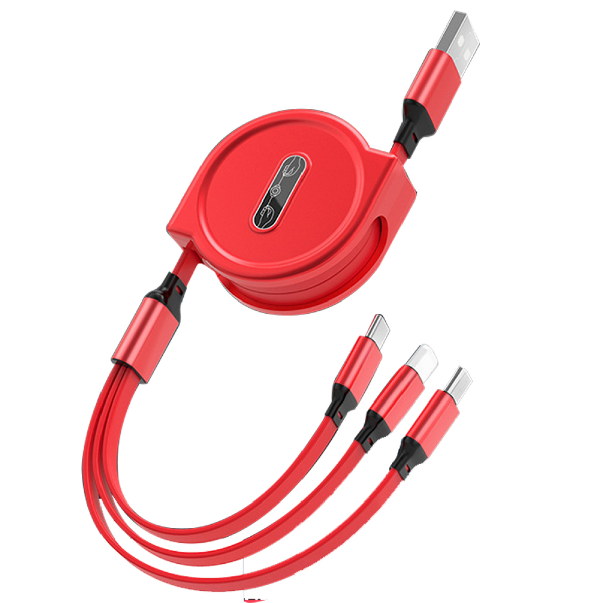 Ein rotes, einziehbares Ladekabel mit mehreren Anschlüssen, isoliert auf weißem Hintergrund.