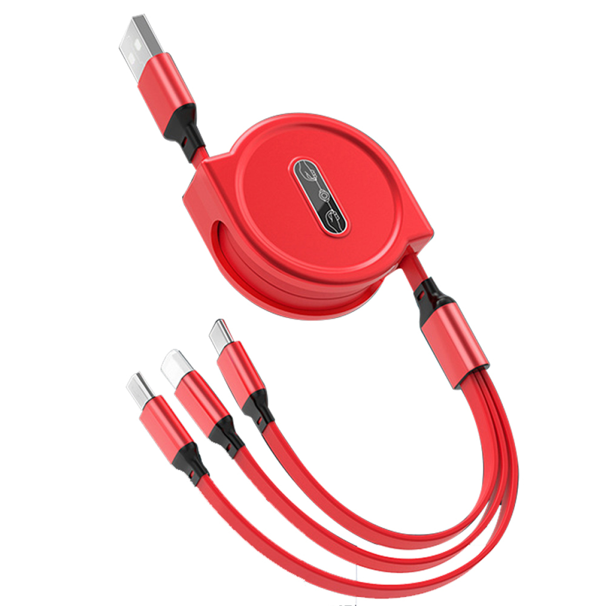 Ein rotes, einziehbares Kabel mit mehreren Anschlüssen.