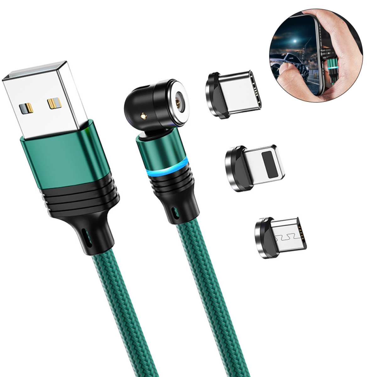 Grünes USB-Kabel mit mehreren Magnetspitzen und einem Telefon.