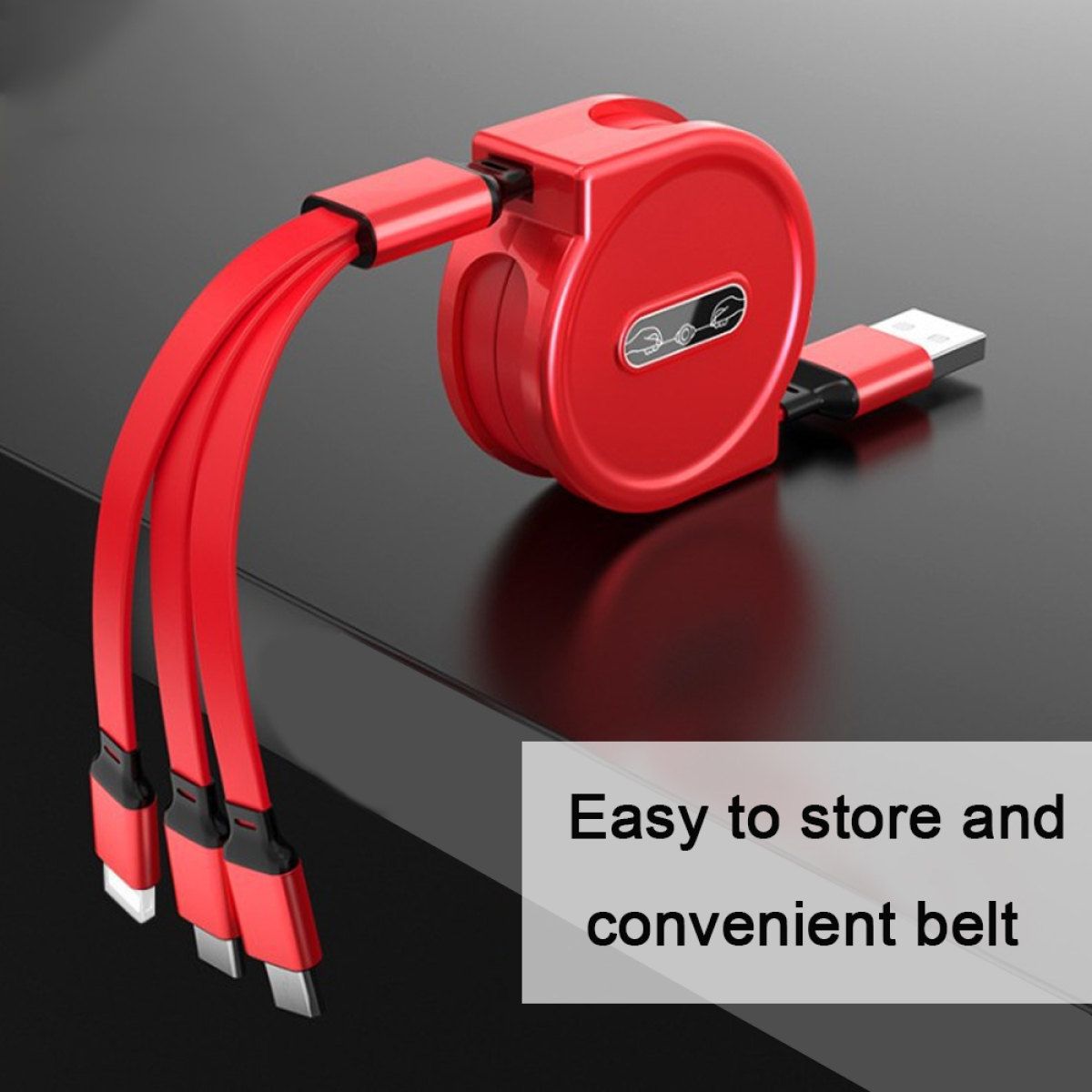 Ein rotes, einziehbares Ladekabel wird gezeigt. Es hat mehrere Anschlüsse und einen USB-Anschluss, einsatzbereit.