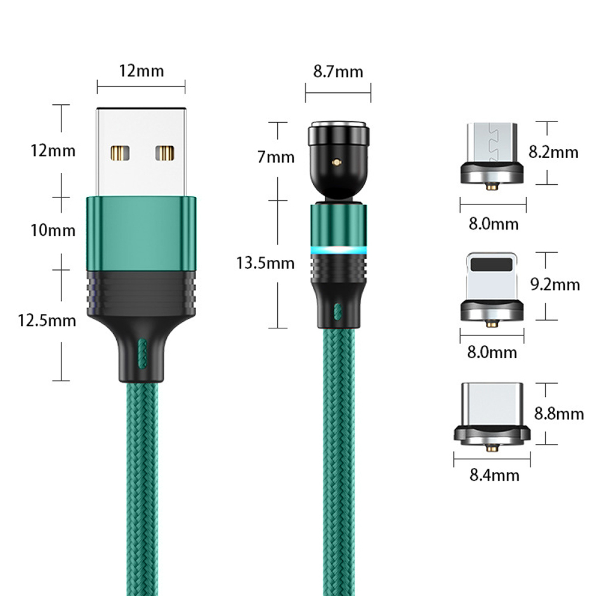 Magnetisches Ladekabel mit verschiedenen Anschlusstypen. Grünes Kabel und Maße sind dargestellt.