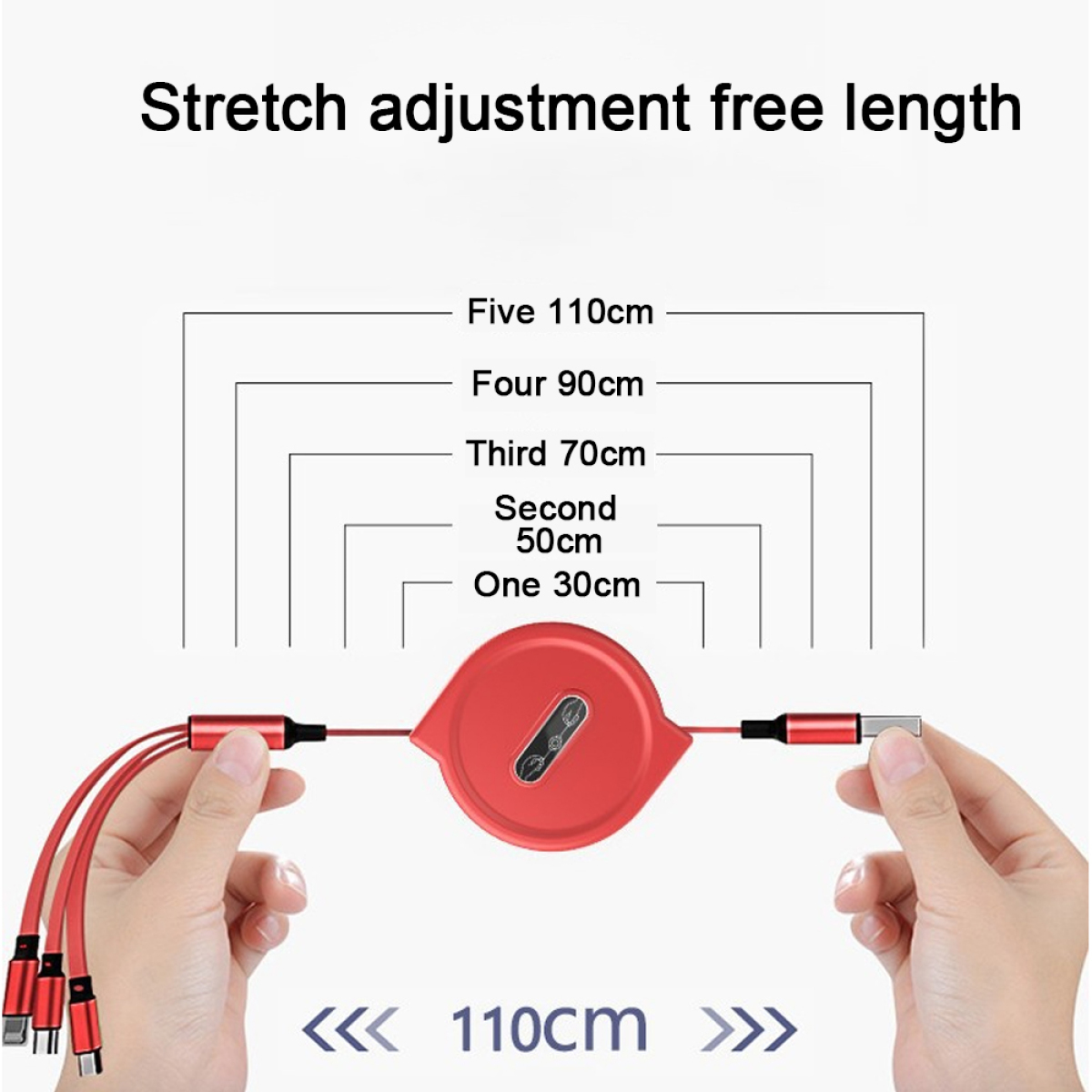 Rotes, einziehbares Ladekabel mit mehreren Anschlüssen und Diagramm der Längen.