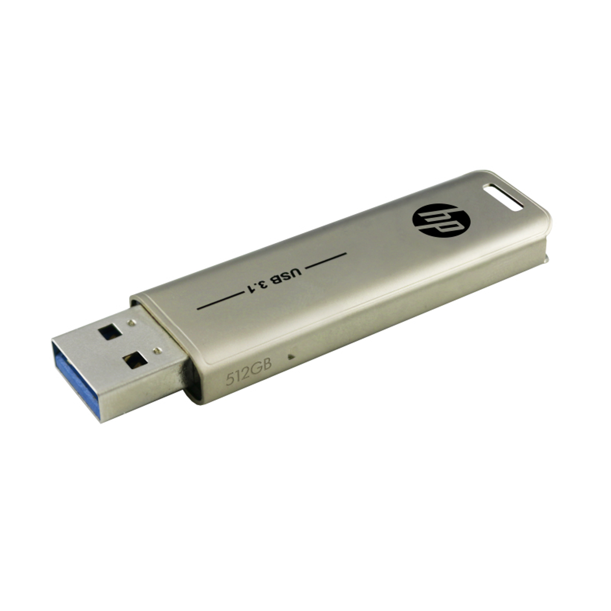 Srebrny pendrive USB 3.1 HP, pojemność 512 GB, na białym tle.