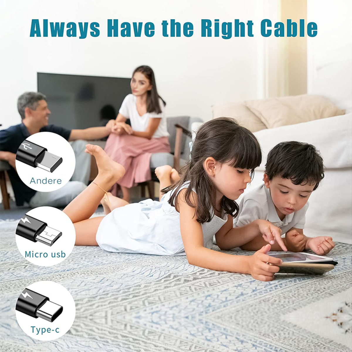 Zwei Kinder und ein Mann schauen auf ein Tablet mit drei verschiedenen USB-Kabeltypen.
