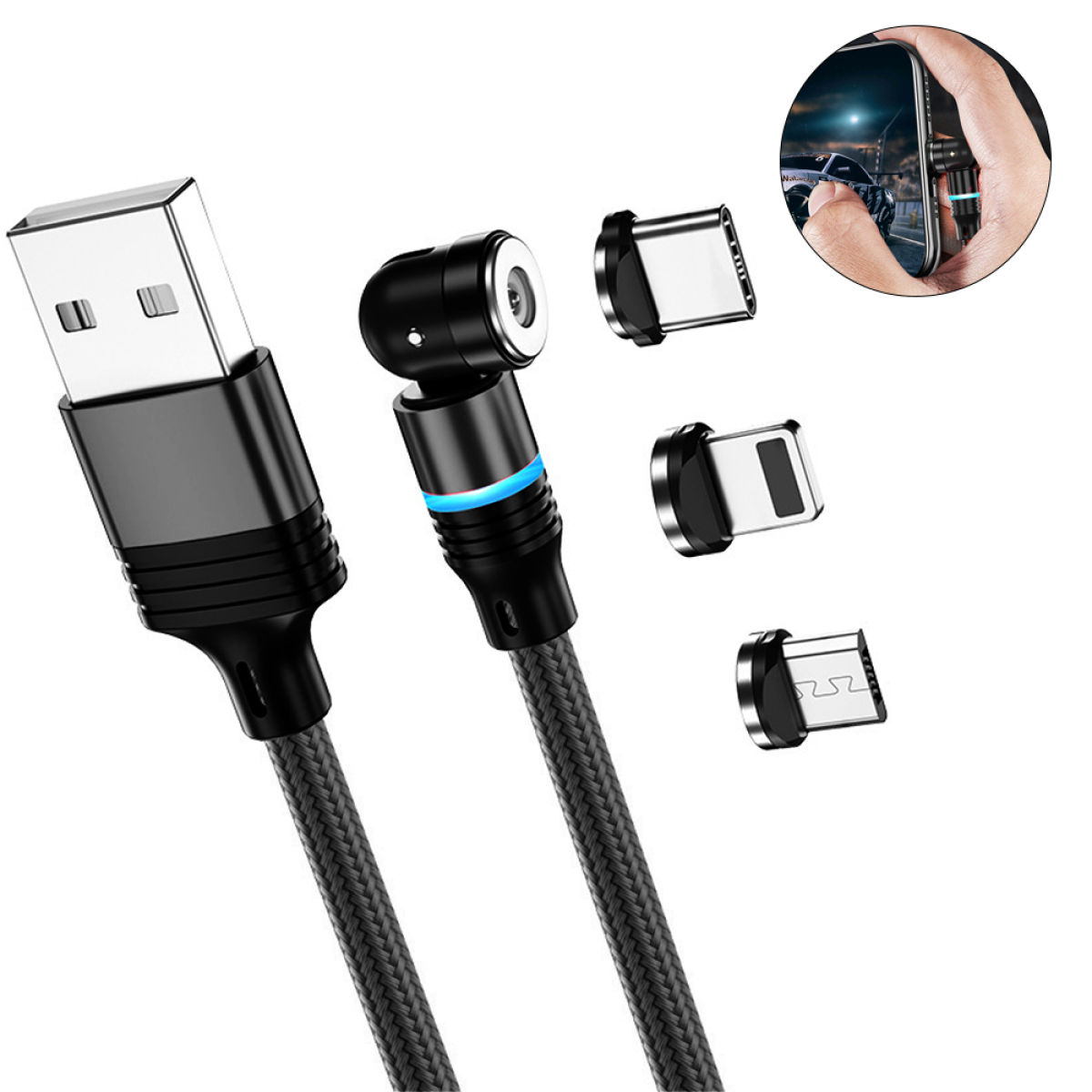 Schwarzes geflochtenes USB-Kabel mit USB- und Magnetanschlüssen. Blaues Licht leuchtet.