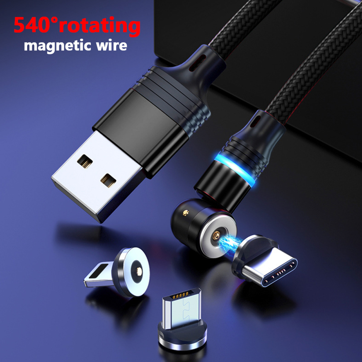 Schwarzes USB-Kabel mit rotierenden Magnetköpfen und USB-, Typ-C-Anschlüssen.