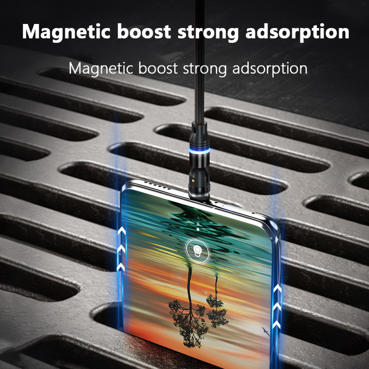 Ein Telefon ist mit einem Ladekabel verbunden, mit dem Text 'Magnetic boost strong adsorption' oben.