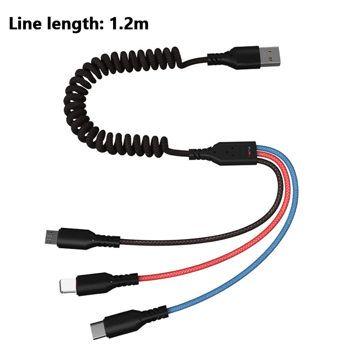 Schwarzes Multi-Kabel mit USB und drei verschiedenen Anschlüssen.