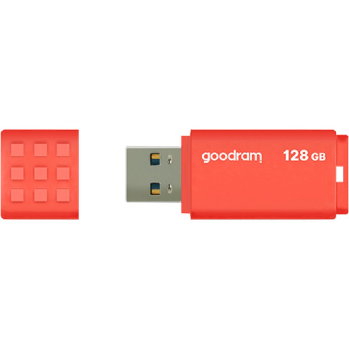 Czerwony i srebrny pendrive USB, z oddzielną czerwoną nasadką.