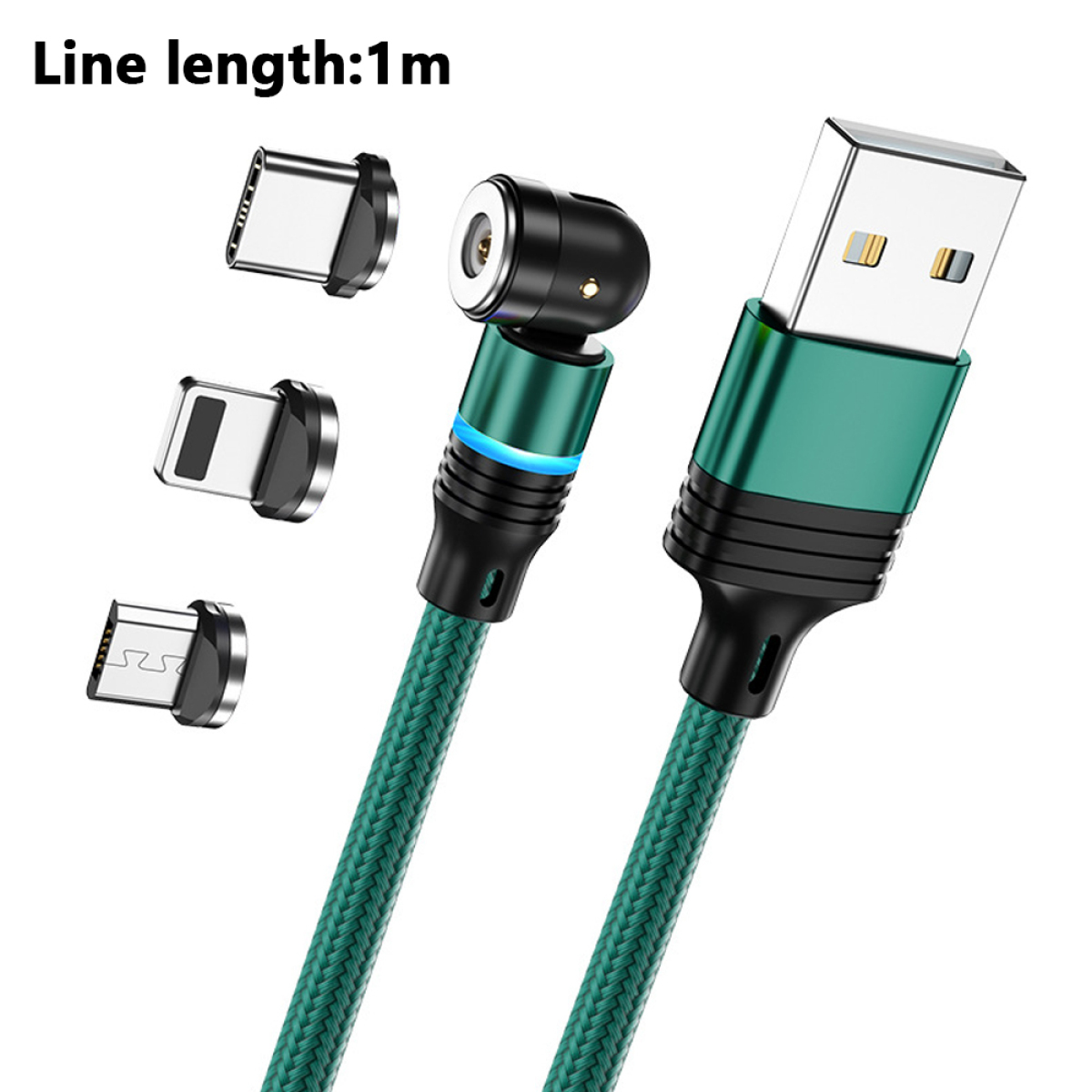 Grünes USB-Ladekabel mit magnetischen Anschlüssen, einschließlich USB-A und mehreren Spitzen.