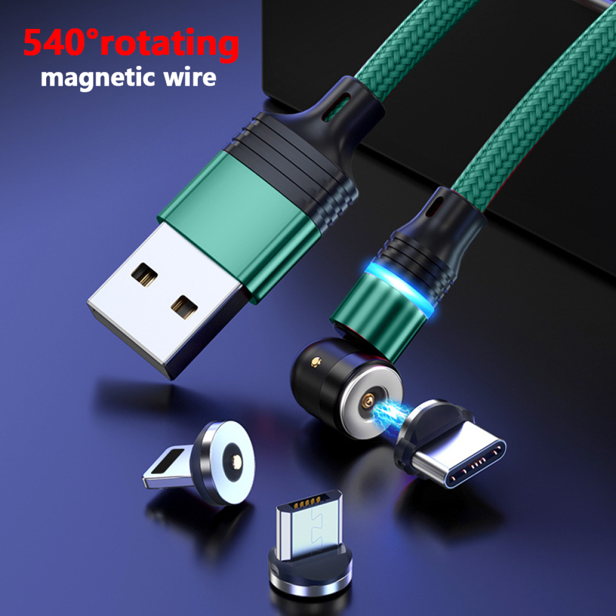 Magnetisches Ladekabel mit mehreren Steckern und einem teal geflochtenen Kabel.