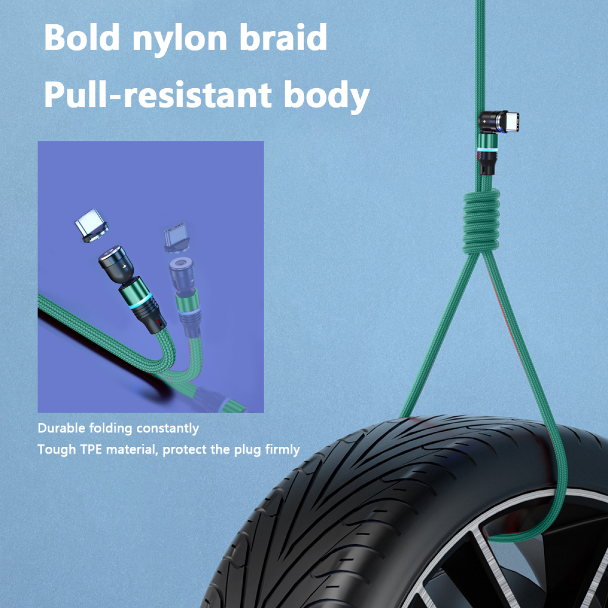 Grünes, geflochtenes Nylongabel mit Steckern, verbunden mit einem Reifen. Text: Fetter Nylon-Zopf, zugfest.