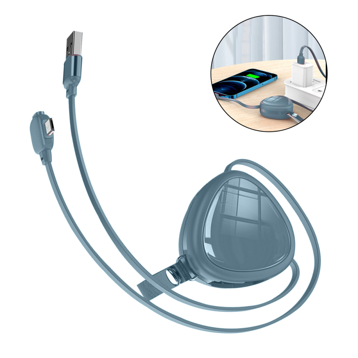 Einziehbares Ladekabel und ein eingestecktes Telefon. Das Kabel ist blau, und das Telefon lädt.