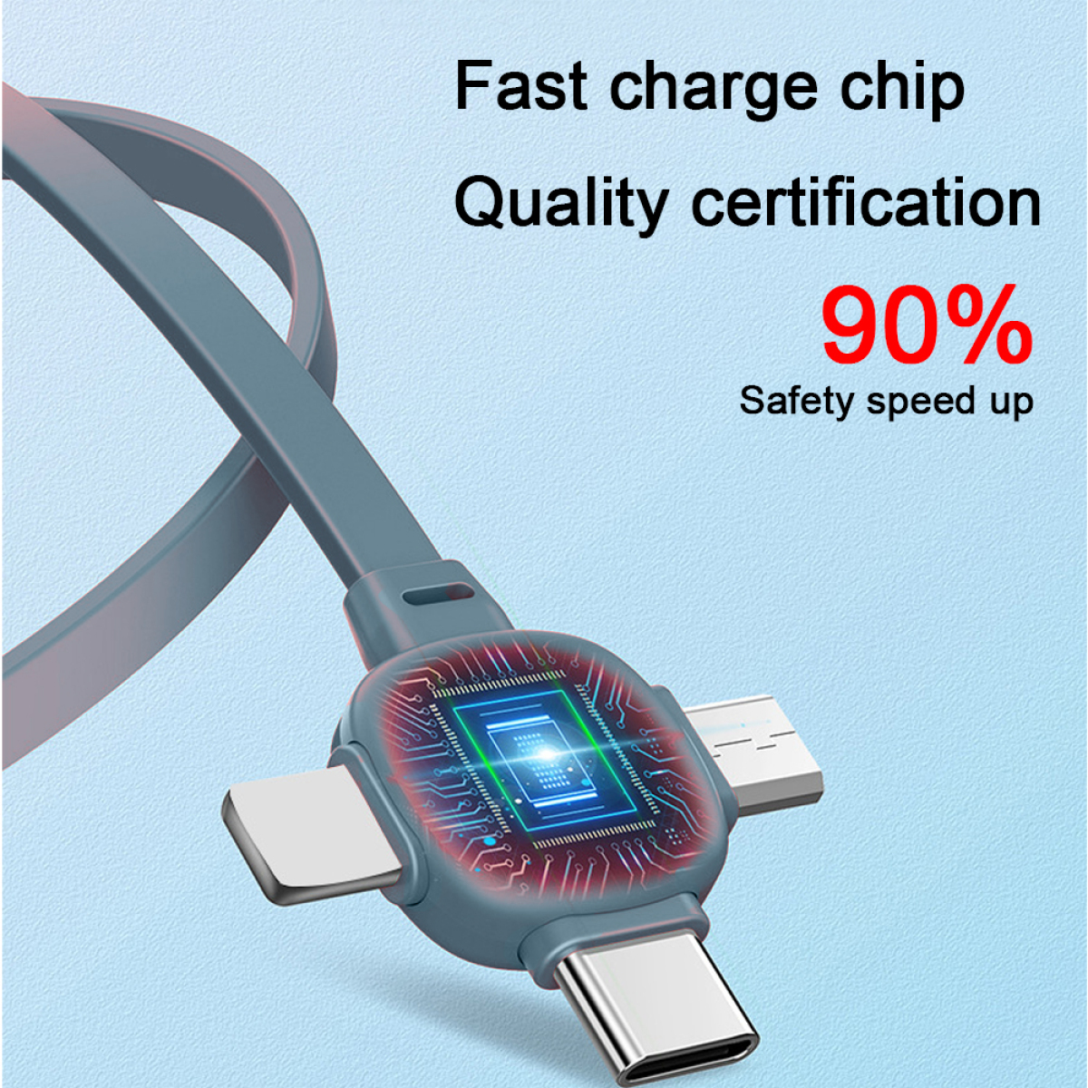Ein Ladekabel mit mehreren Anschlüssen, darunter USB-A, USB-C und ein Lightning-Anschluss.