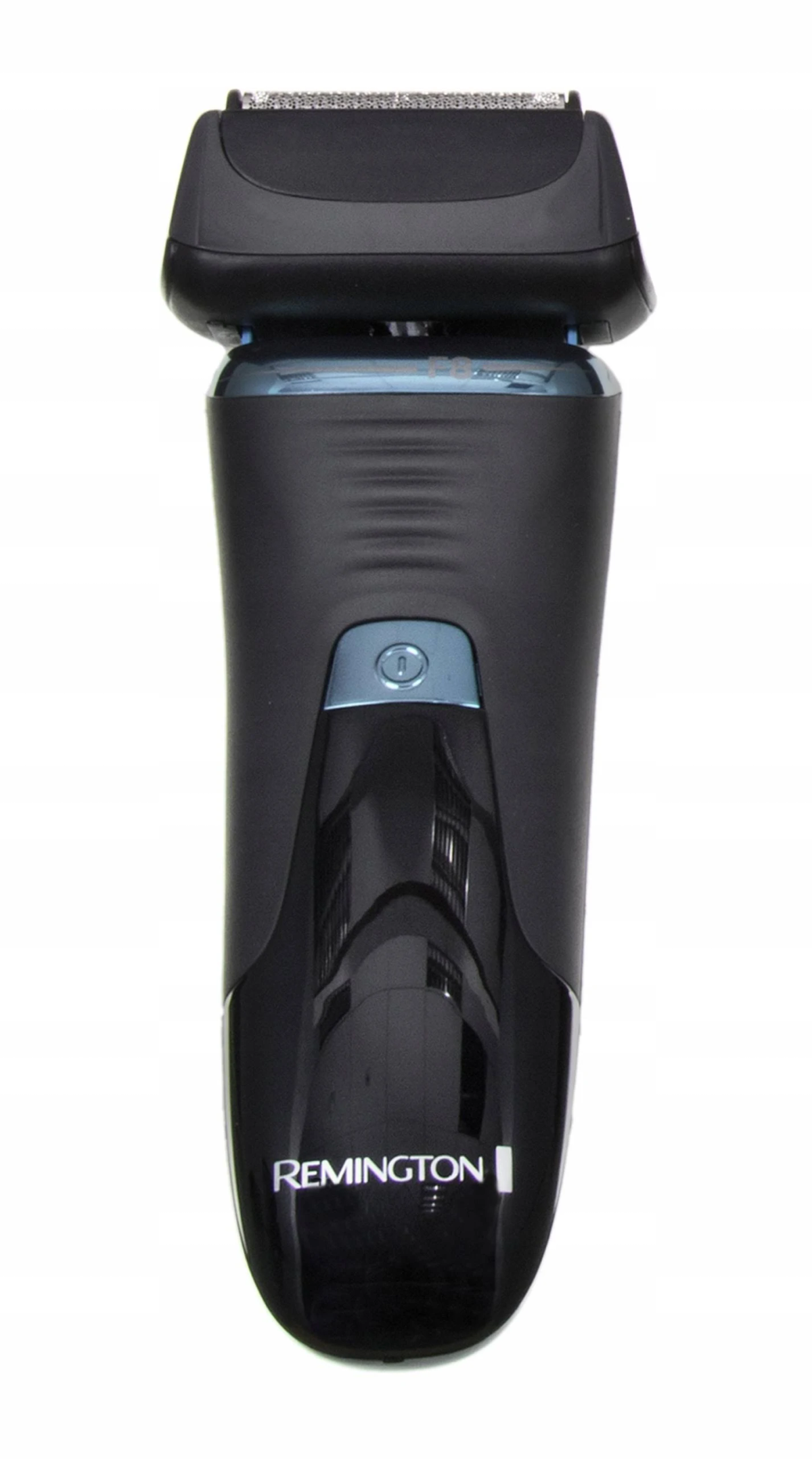 Czarna golarka elektryczna Remington. Srebrne ostrza i niebieski przycisk zasilania.