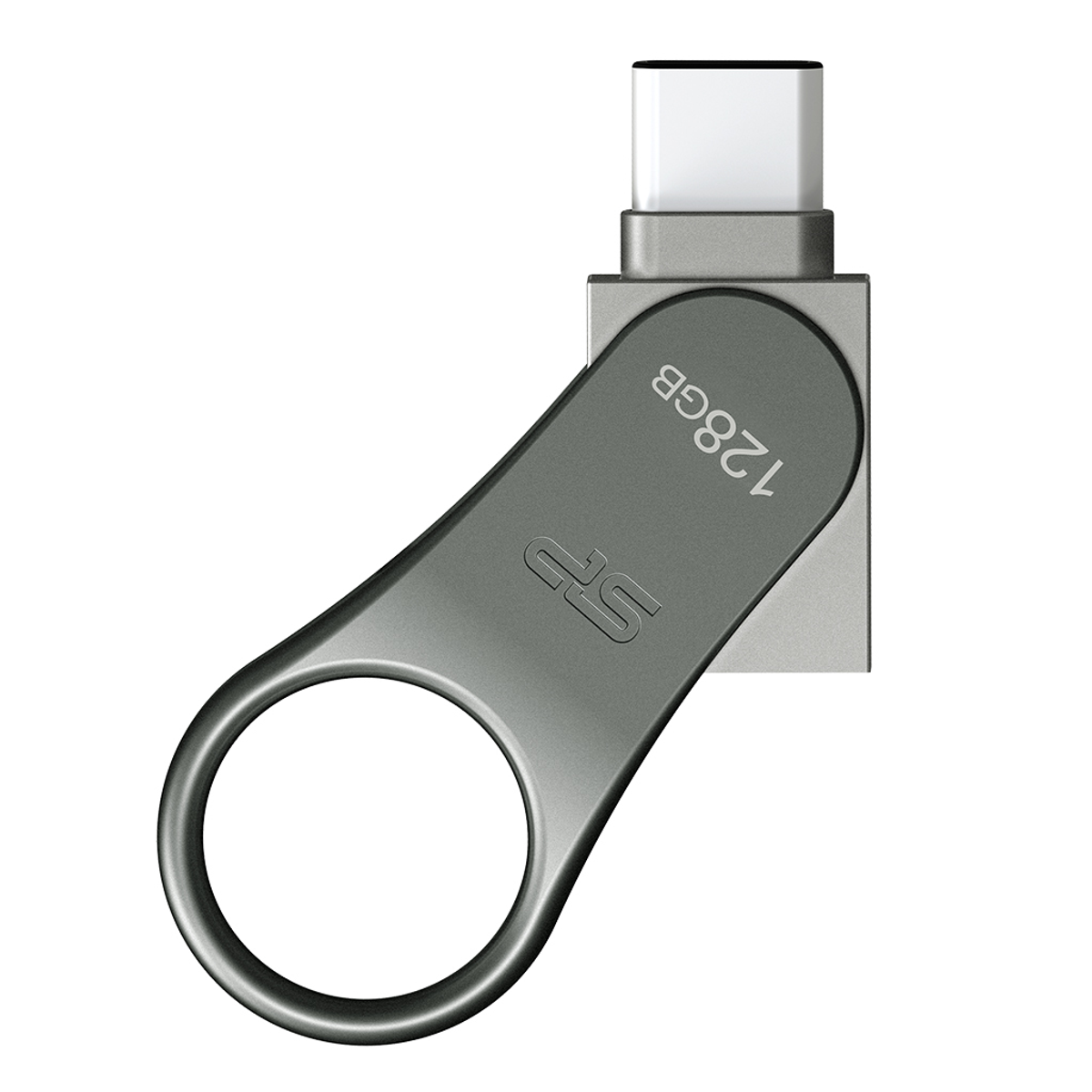 Srebrny i czarny pendrive USB 128 GB z obrotową konstrukcją. Posiada pierścień do mocowania.