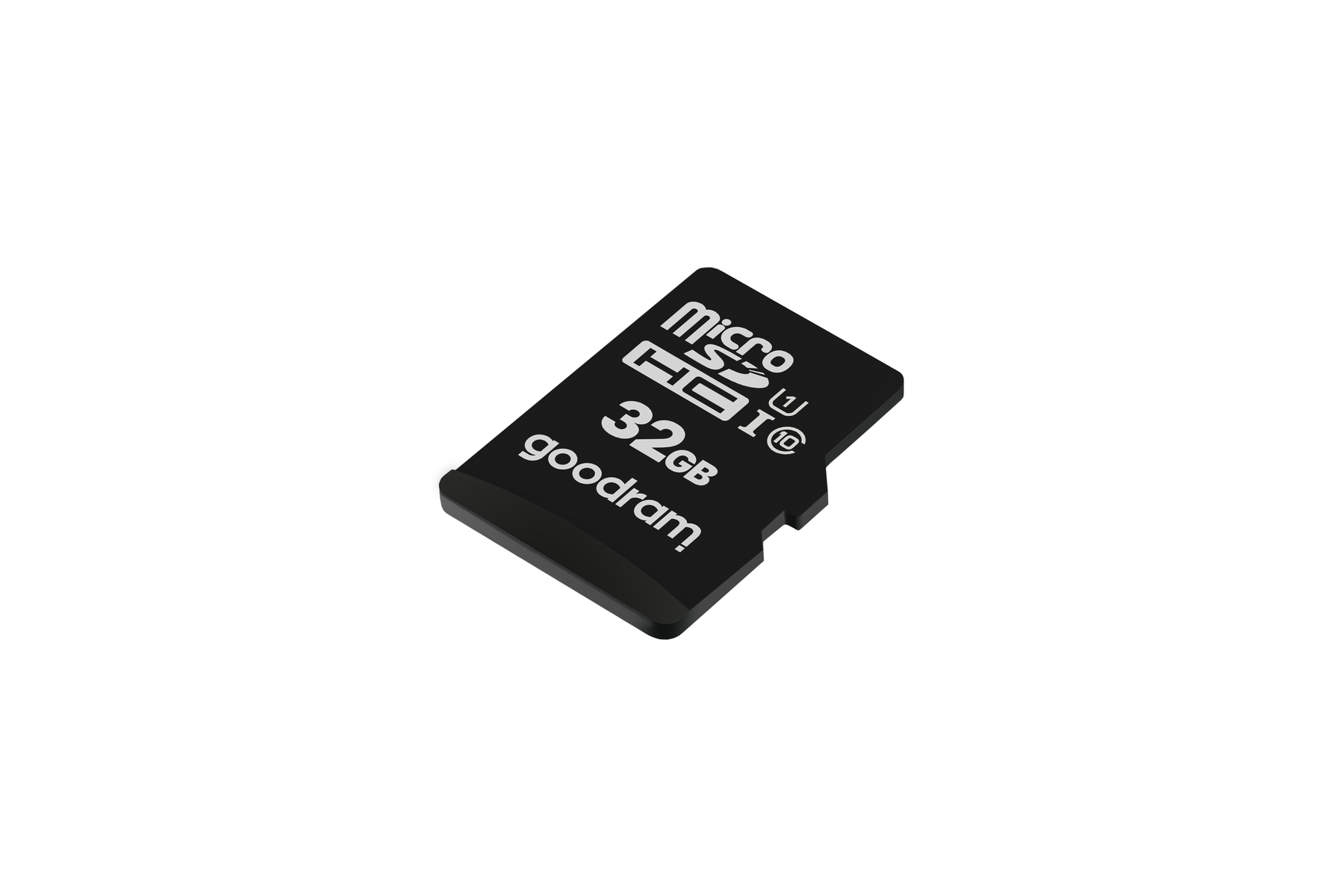Scheda microSD nera con 'goodram' e '32GB' stampato, su sfondo bianco.