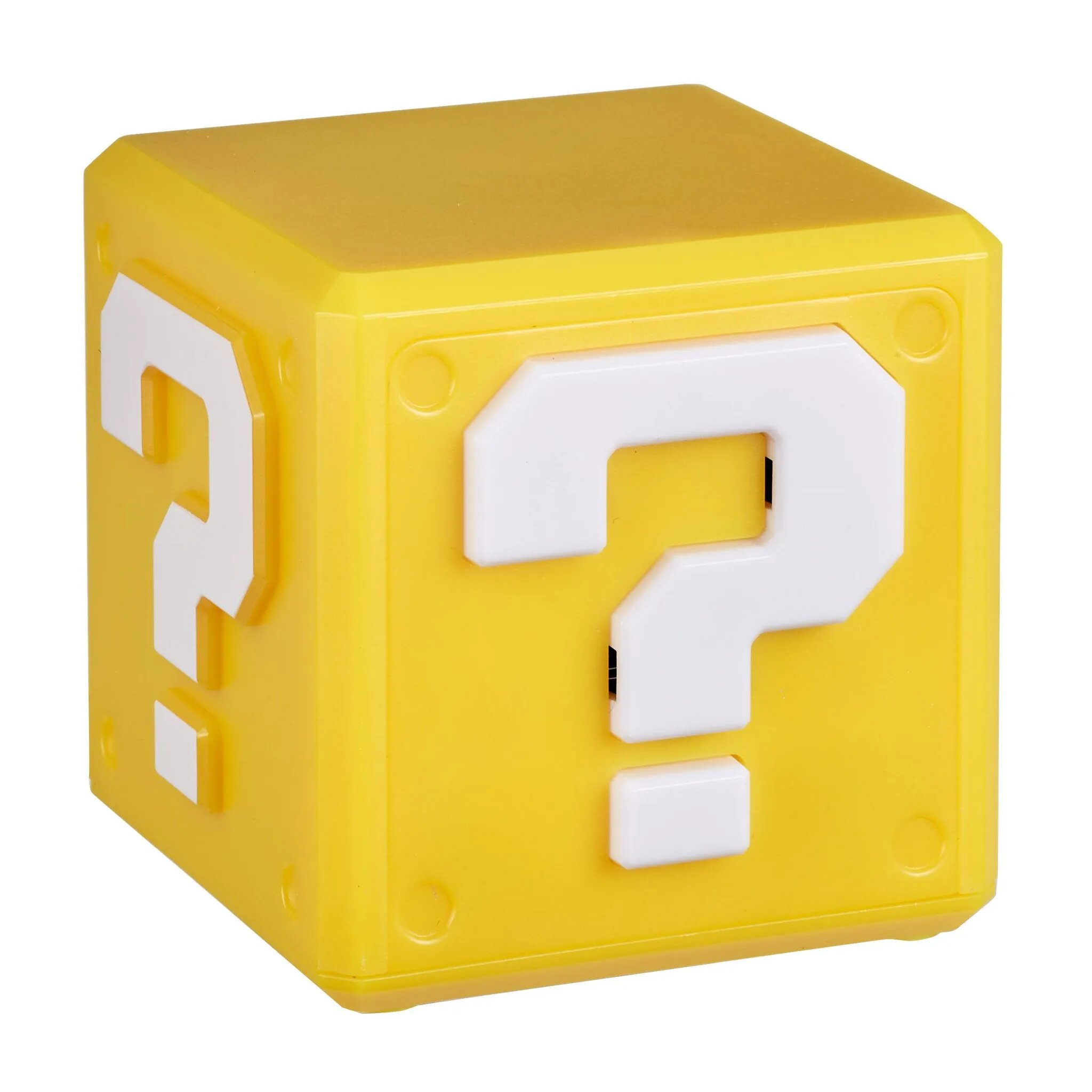 Gelber Super Mario Frageblock mit einem weißen Fragezeichen auf jeder Seite. Solider Kunststoff.