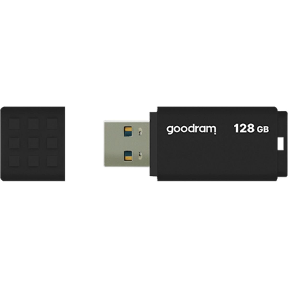 Czarny pendrive Goodram z nakrętką. Dysk jest oznaczony pojemnością 128 GB.