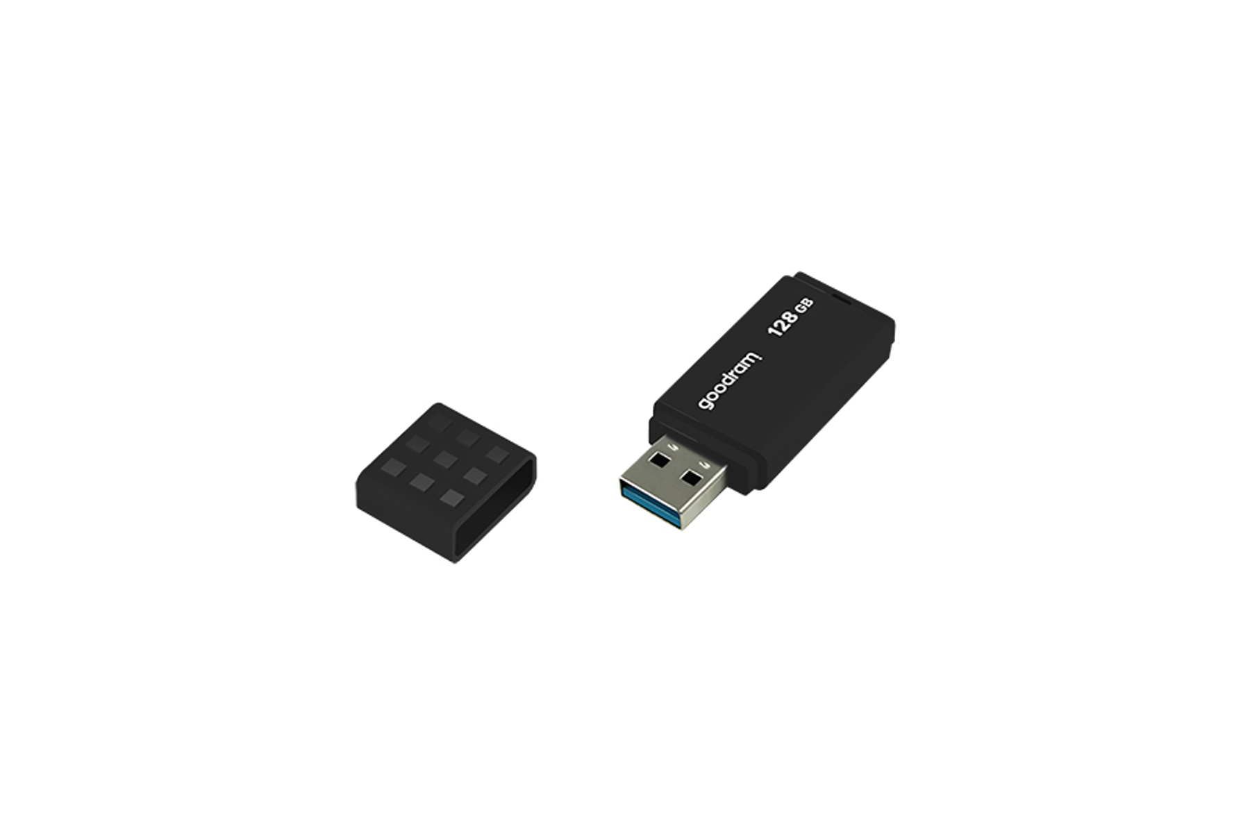 Czarny pendrive USB z zdjętą nasadką. Napęd oznaczony 'goodram 128 GB'.