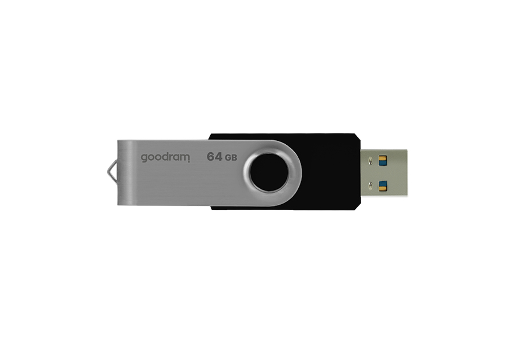 Srebrno-czarny pendrive USB z etykietą '64 GB'. Marka to 'goodram'.
