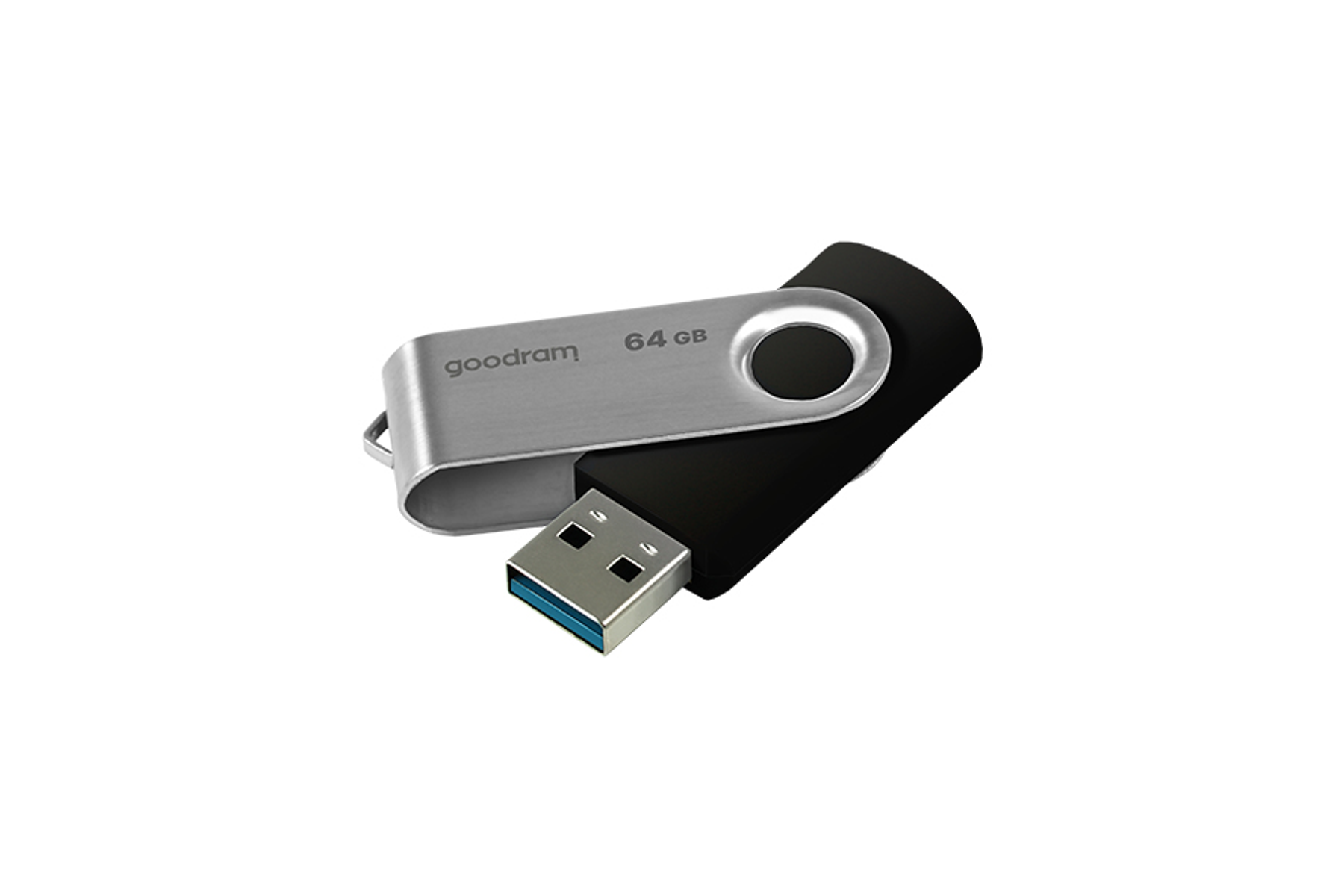 Srebrno-czarny pendrive Goodram, 64 GB, ze złączem USB.