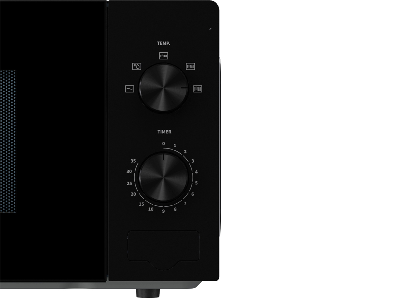 Czarny panel sterowania kuchenki mikrofalowej z pokrętłami. Ustawienia timera i temperatury.