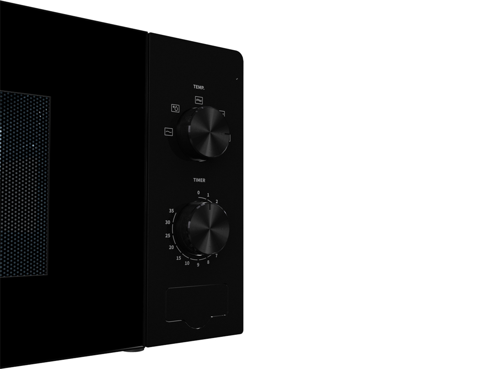 Czarna kuchenka mikrofalowa z pokrętłami sterowania po prawej stronie na białym tle.