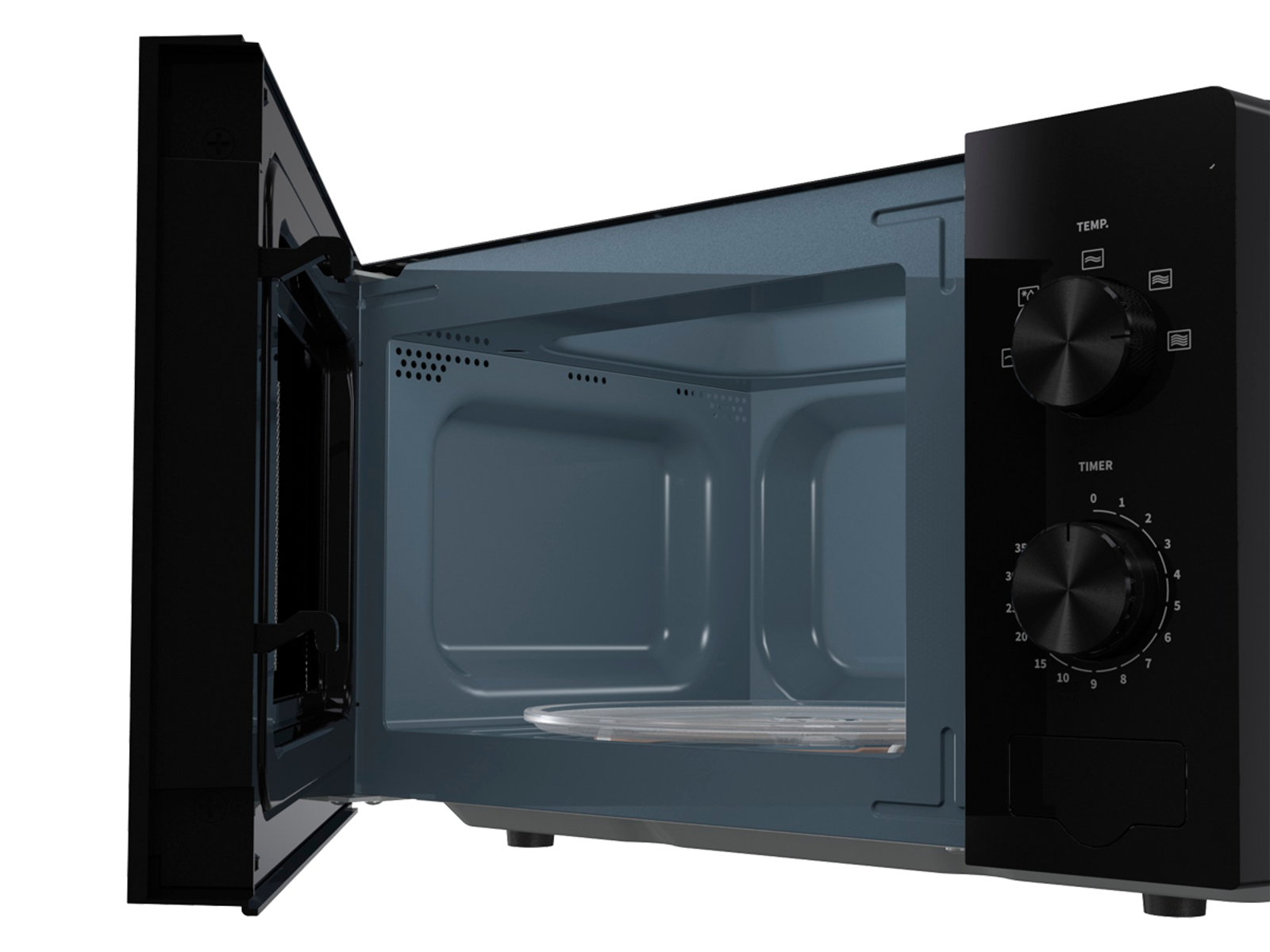 Otwarta czarna kuchenka mikrofalowa. Wnętrze jest niebieskie, ze szklaną płytą. Drzwi są otwarte.