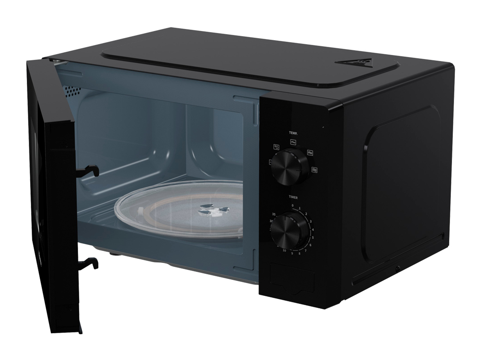 Czarna kuchenka mikrofalowa z otwartymi drzwiami, pokazująca wnętrze na białym tle.