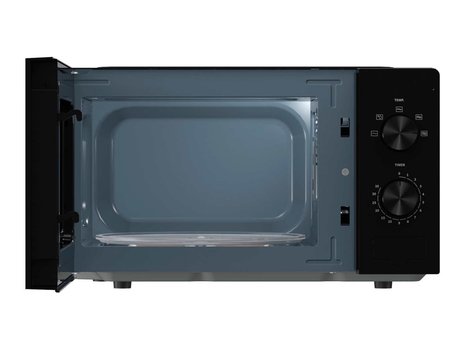 Otwarty czarny piekarnik mikrofalowy pokazujący wnętrze z szklanym talerzem.