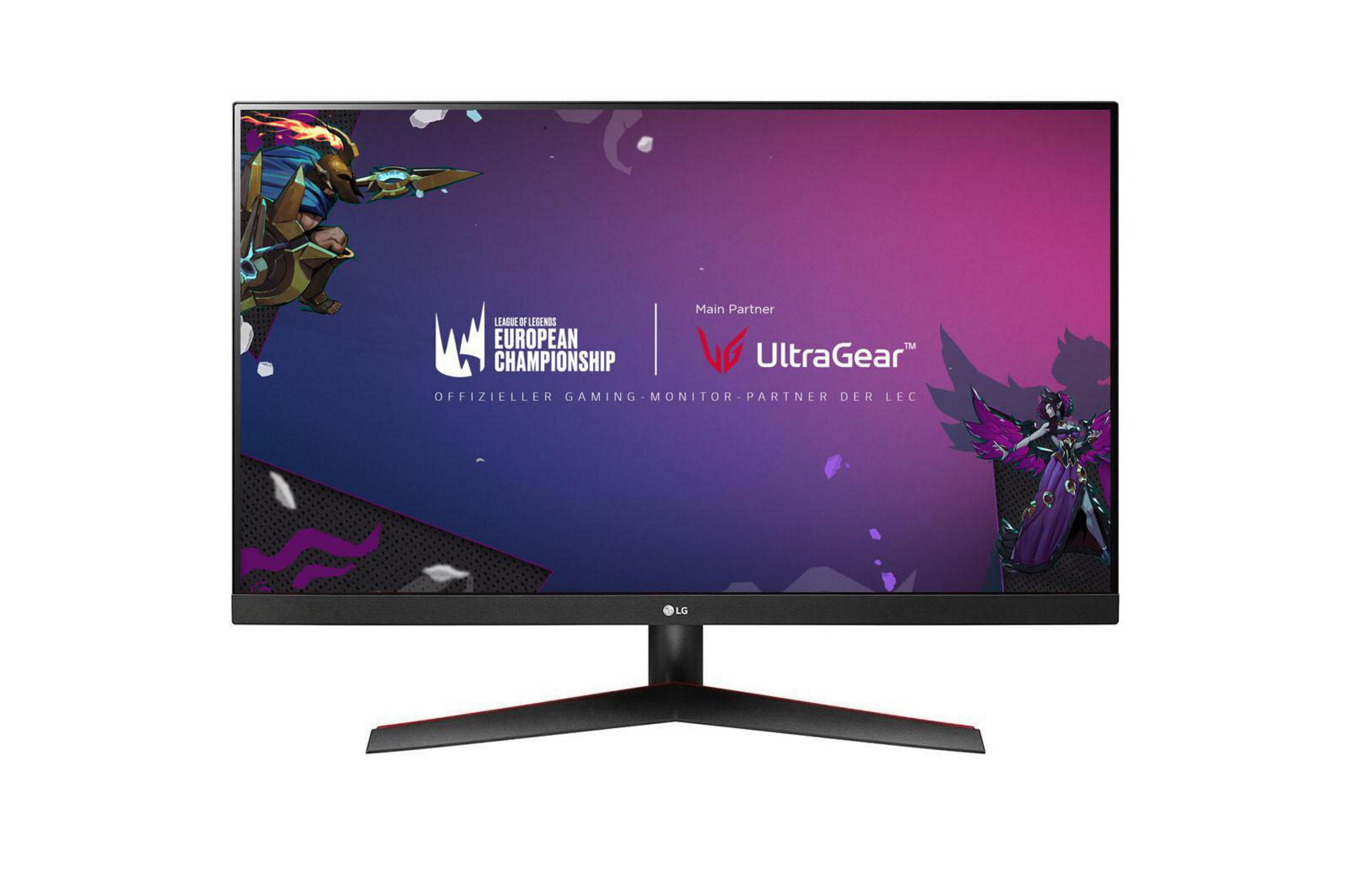 Monitor LG con base nera e schermo con grafica. Logo di League of Legends.