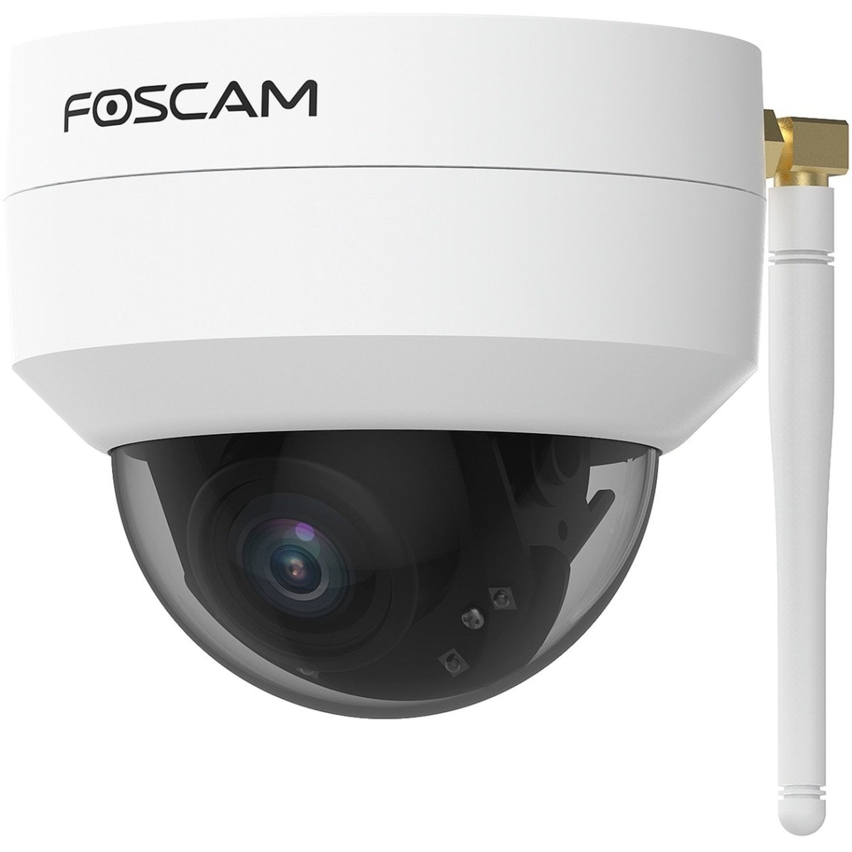Una cámara de seguridad Foscam blanca. Tiene una lente negra y una antena. El fondo es blanco.