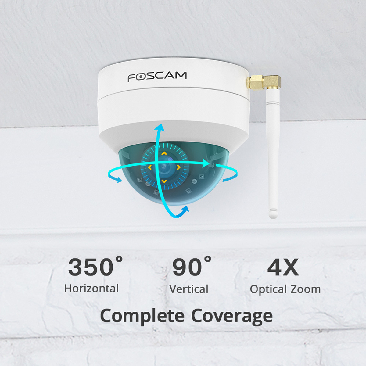 Cámara de seguridad Foscam blanca con flechas azules que indican cobertura horizontal de 350° y vertical de 90°, más zoom.
