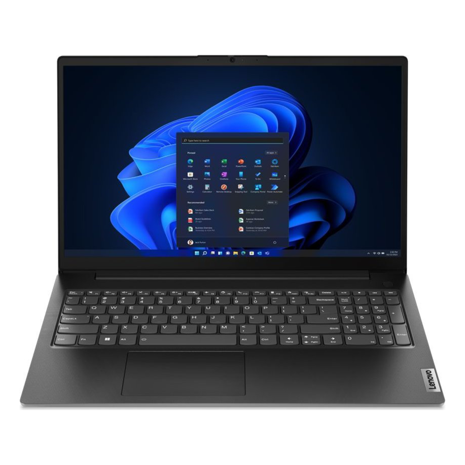 Ein schwarzer Lenovo-Laptop mit Tastatur und einem Bildschirm mit dem Windows-Startmenü.