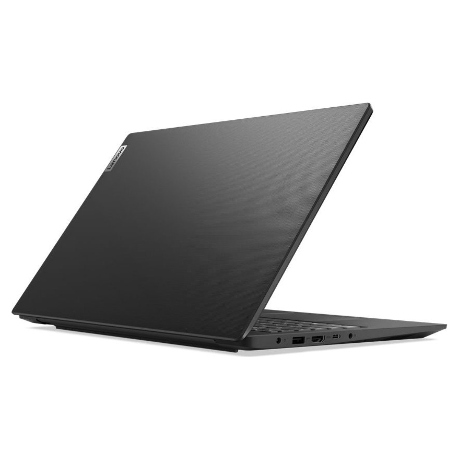 Schwarzer Laptop aus der Rückansicht. Der Bildschirm ist leicht geöffnet und zeigt die Tastatur.