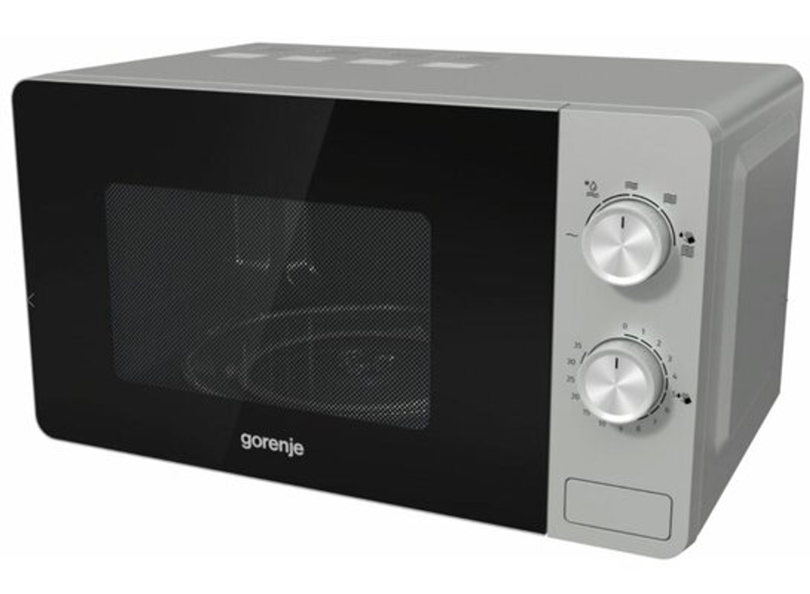 Un forno a microonde grigio con porta nera, manopole e maniglia argentata, su sfondo bianco.