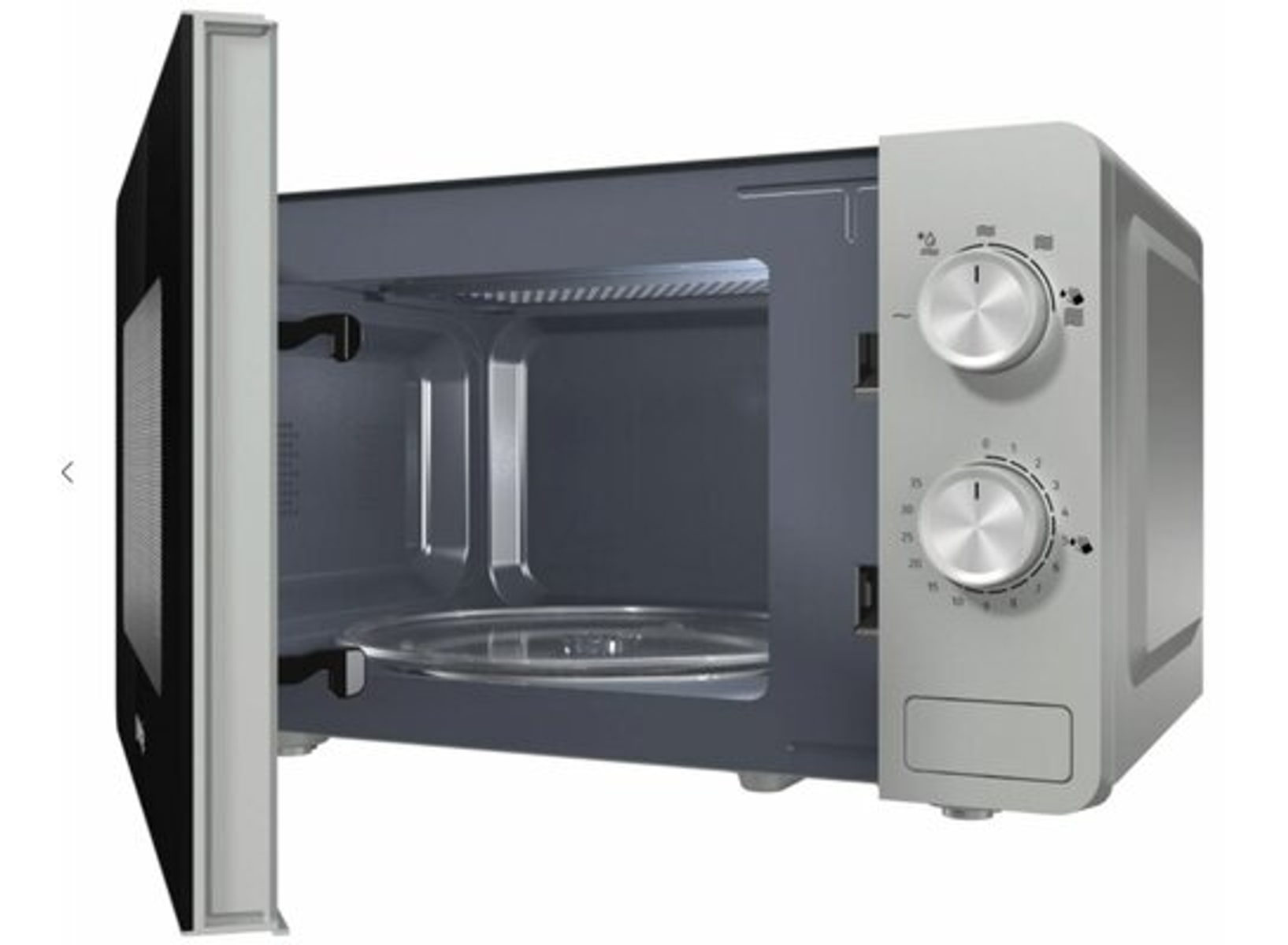 Forno a microonde con porta aperta, che mostra l'interno e il piatto di vetro. Bianco.