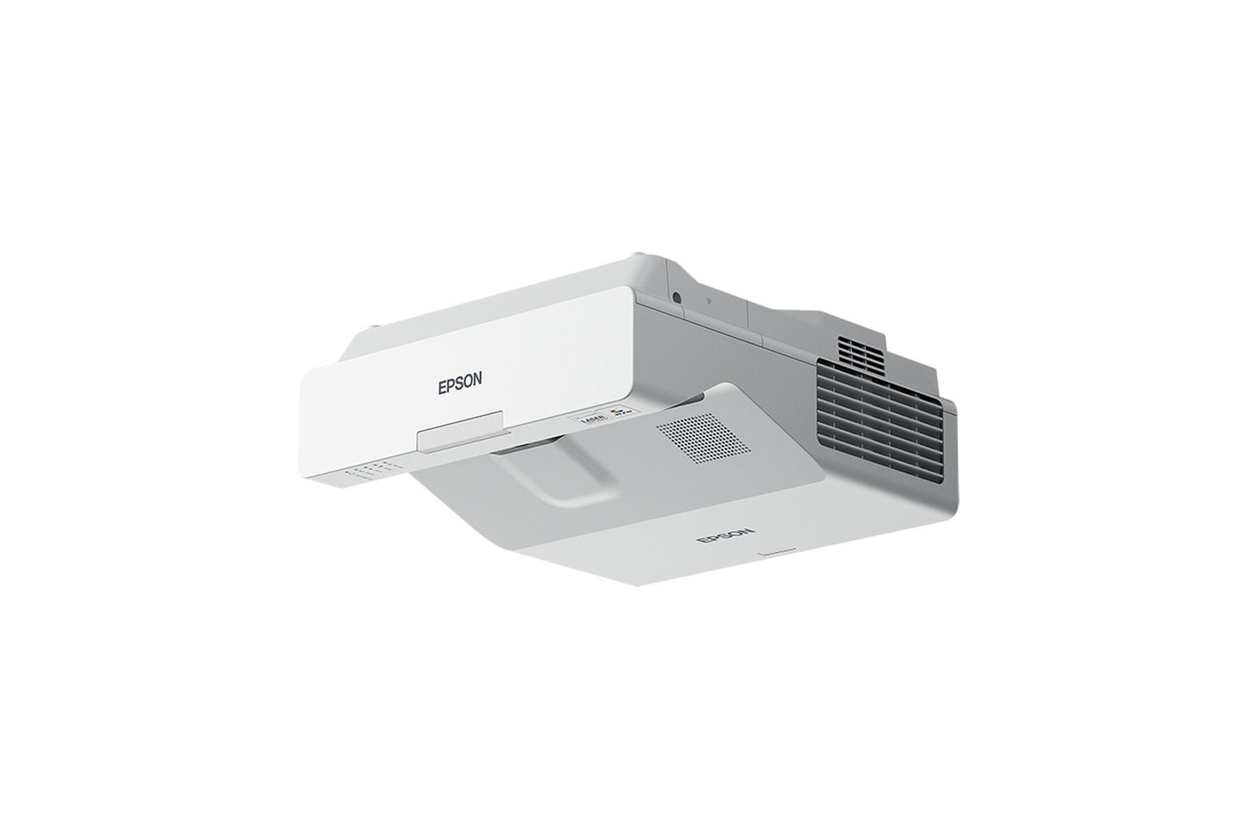 Weißer Epson-Projektor, schräge Ansicht. Der Projektor hängt von der Decke, weißer Hintergrund.