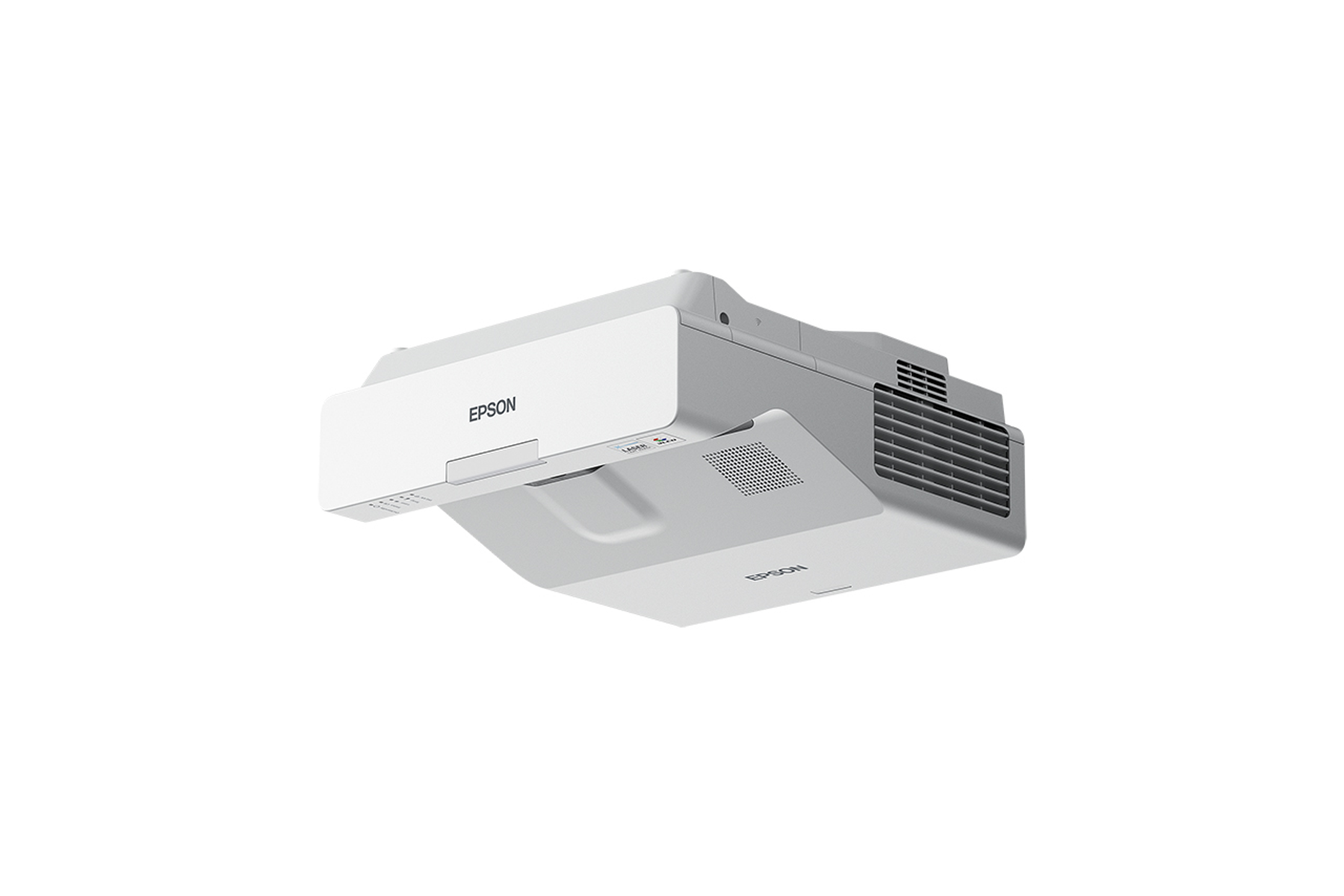 Weißer Epson-Projektor, schräge Ansicht, auf weißem Hintergrund.