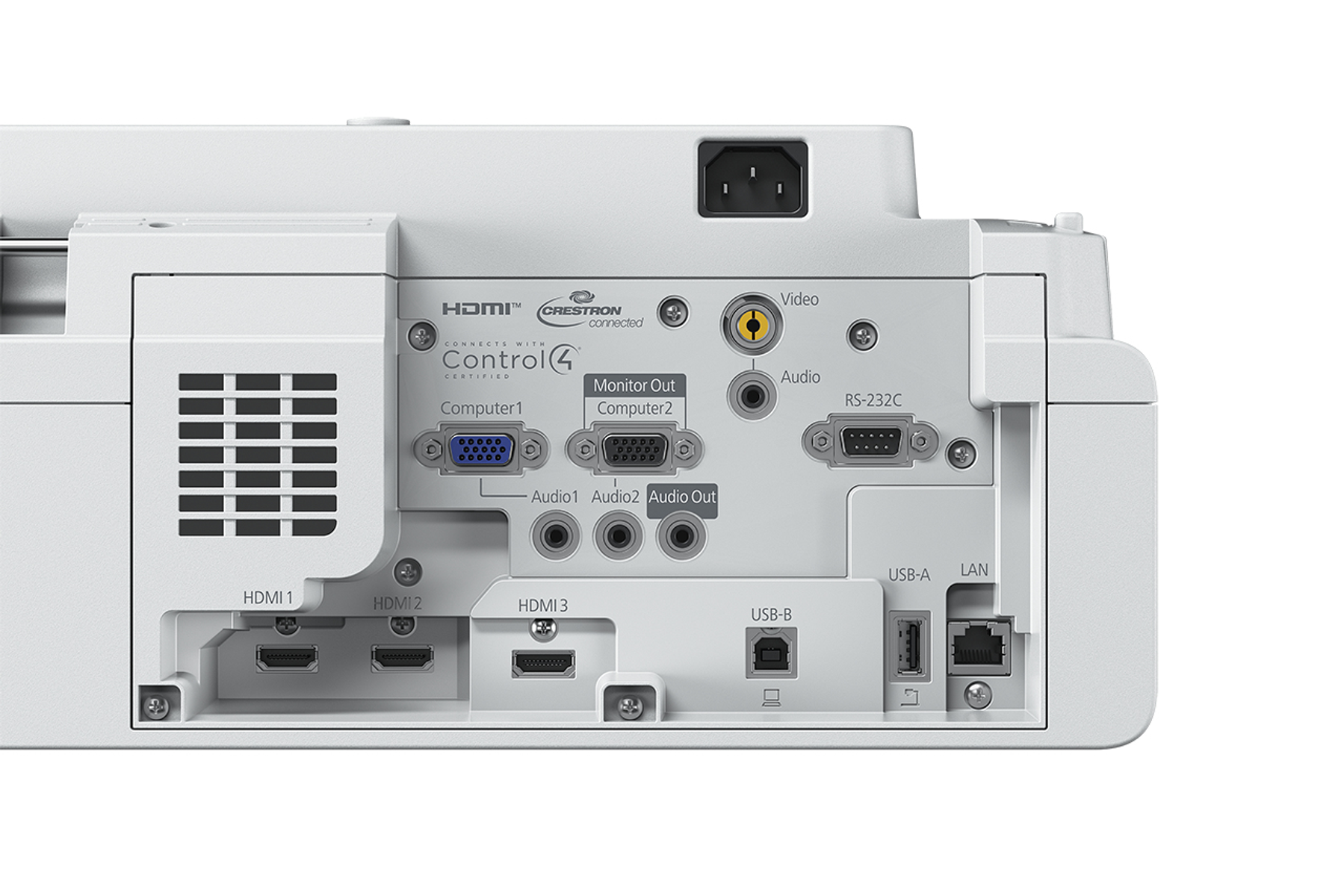 Rückwand eines weißen Projektors mit mehreren Eingangs- und Ausgangsanschlüssen, darunter HDMI, USB und LAN.