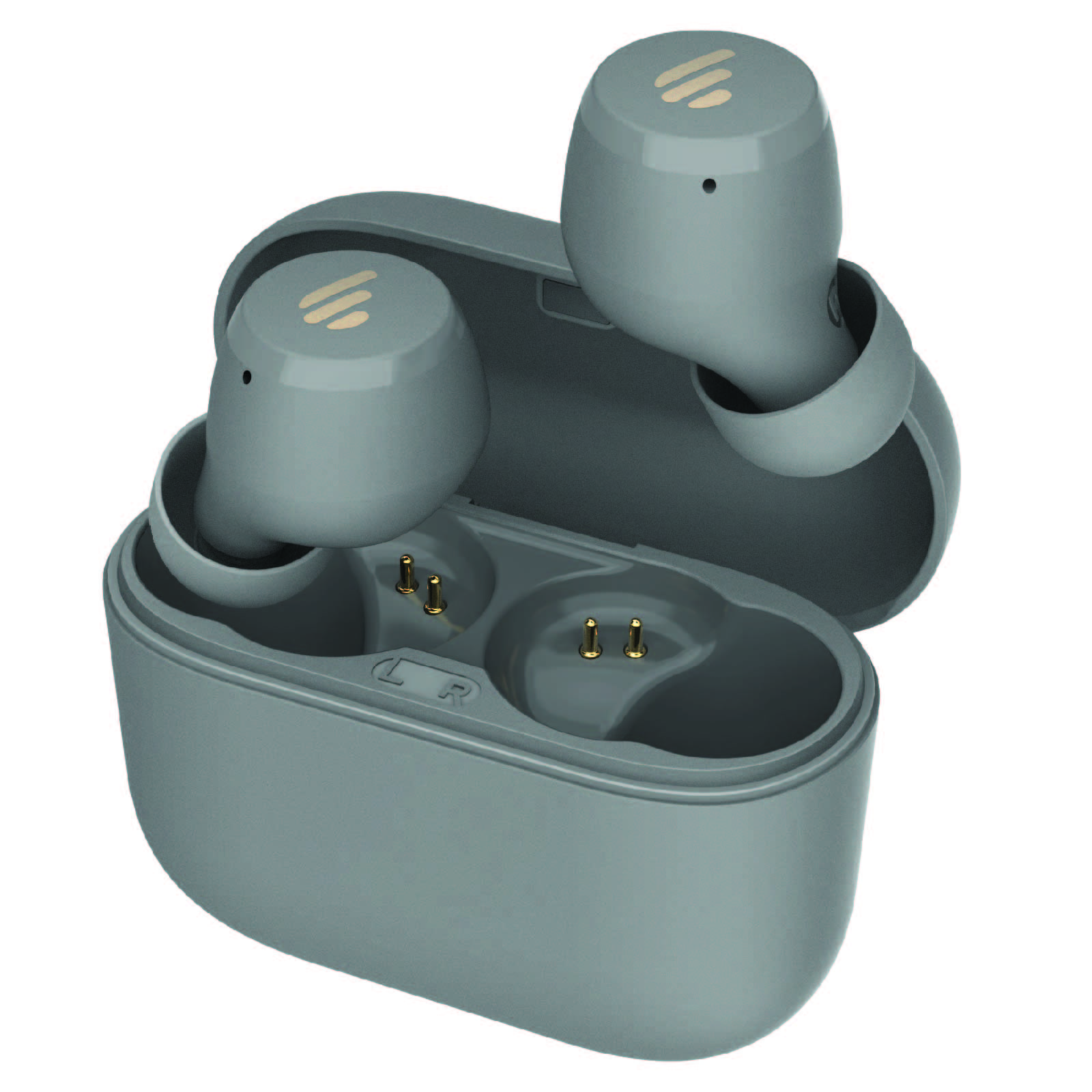 Auricolari wireless grigi in una custodia di ricarica. Sfondo bianco.