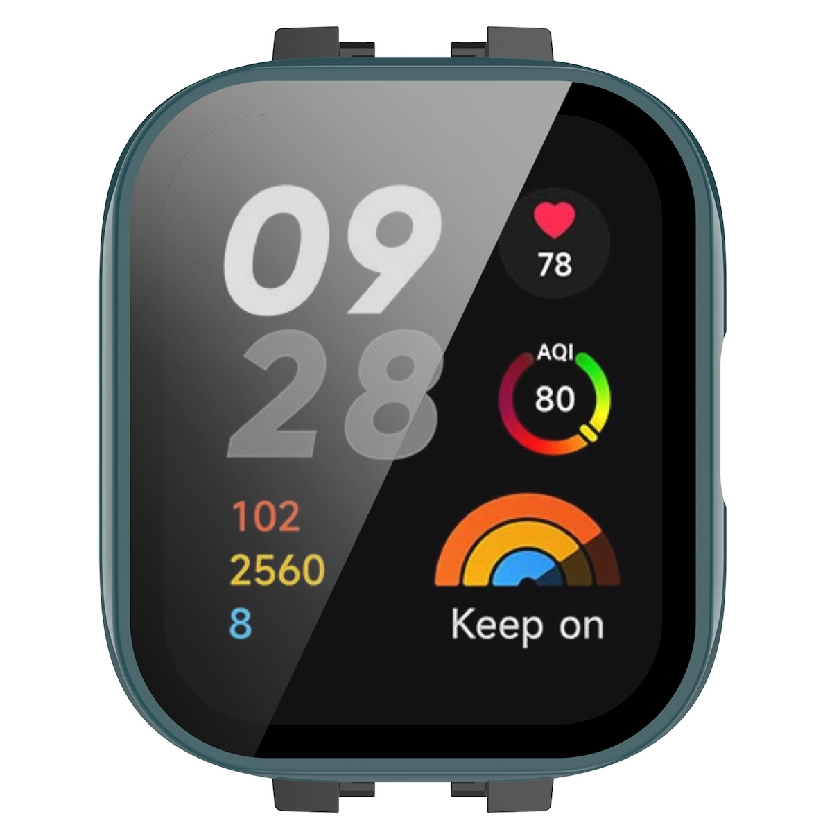 Un reloj inteligente con una pantalla digital que muestra la hora, la frecuencia cardíaca, AQI y el nivel de batería.