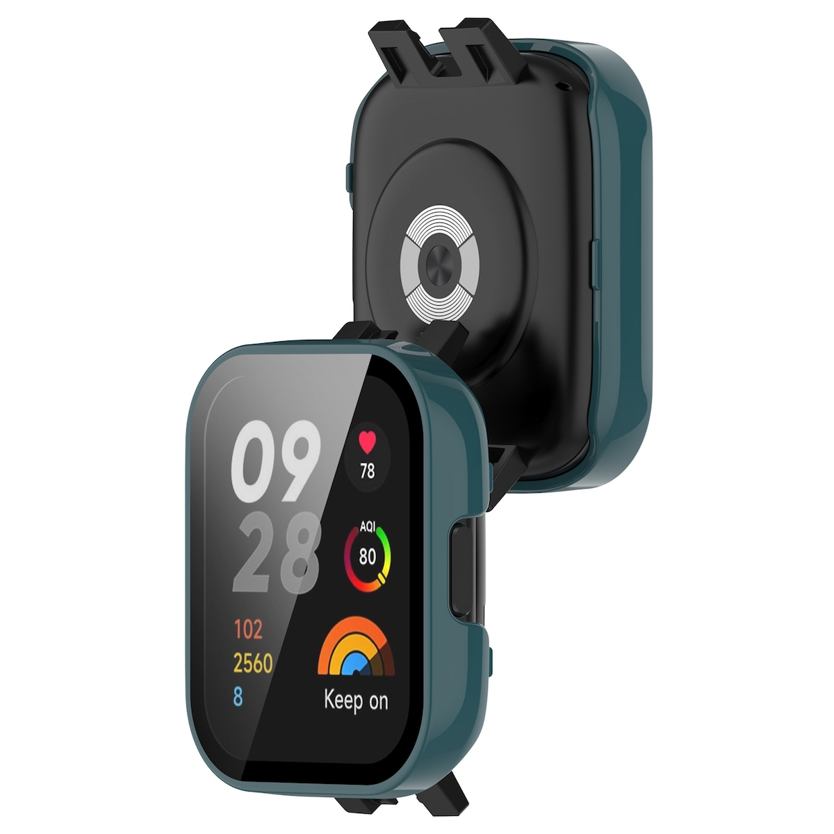 Smartwatch con funda. La pantalla muestra hora, frecuencia cardíaca, calidad del aire y batería. Azul verdoso.