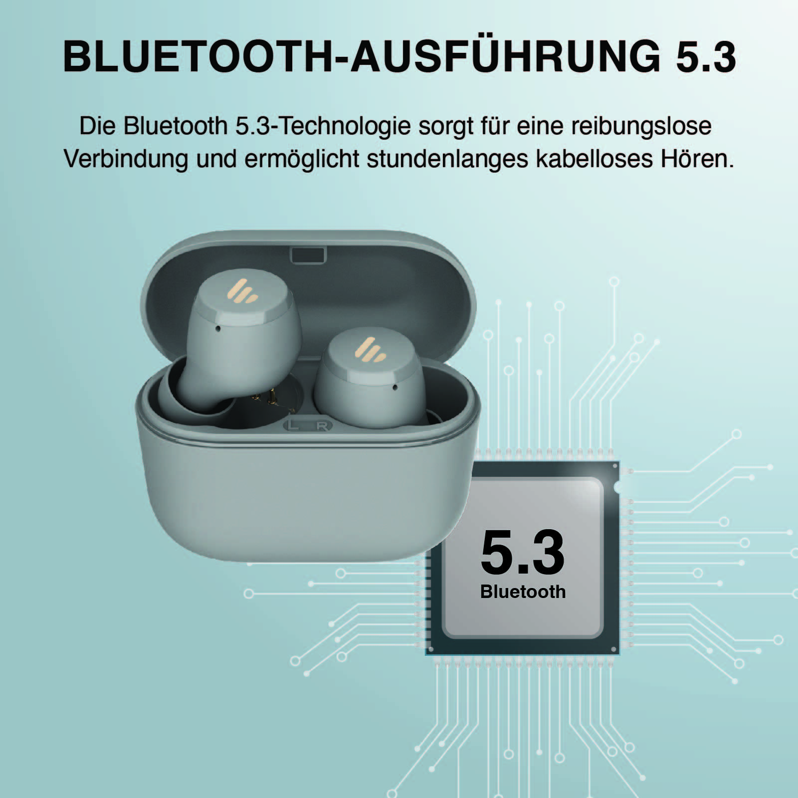 Auricolari in custodia grigia, con grafica e testo Bluetooth 5.3, su sfondo blu.