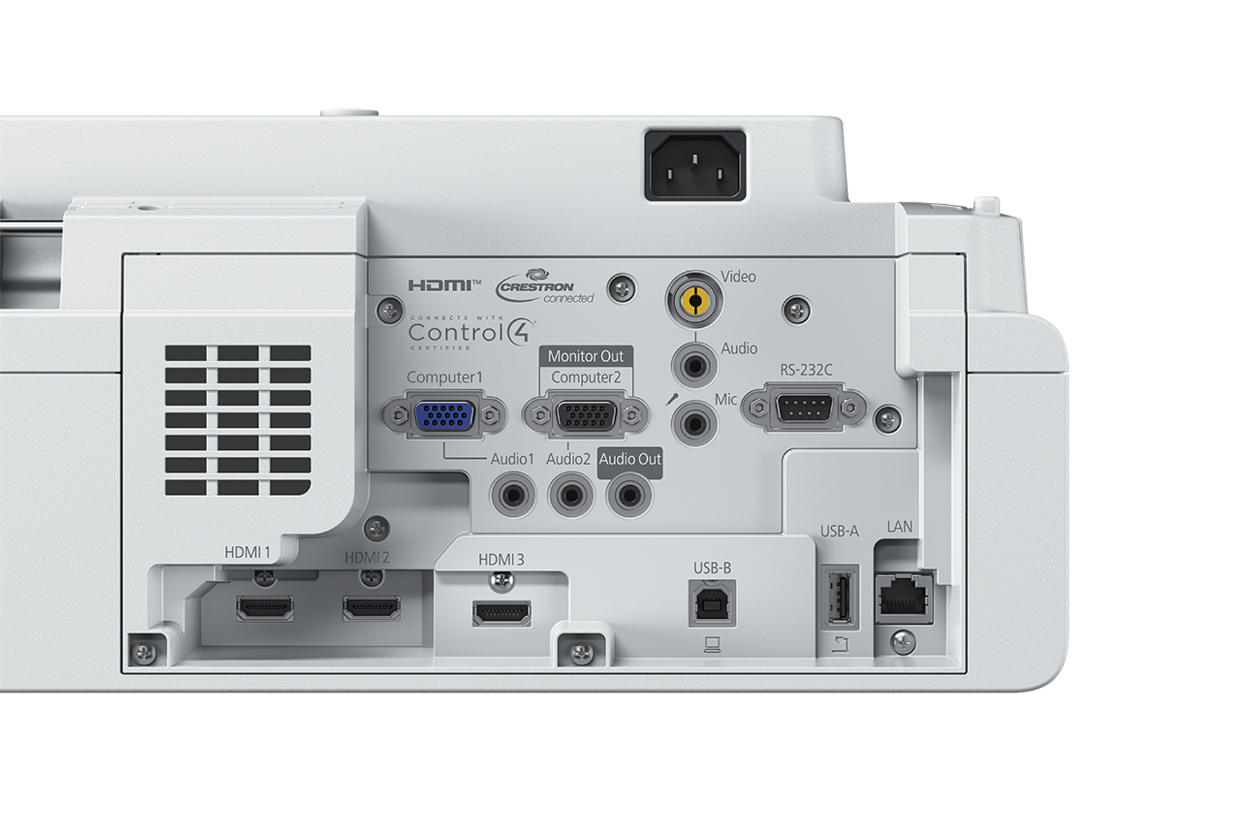 Retro di un proiettore bianco con più porte, tra cui HDMI, USB e LAN.